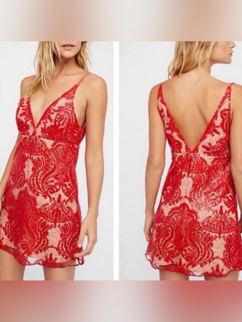 Free People Red Lace V-Neck Embroidered Mini Dress